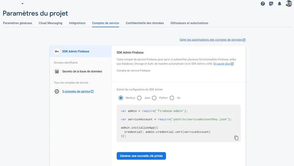 Download service account private key